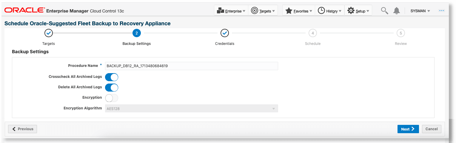 Schedule Backup for Individual Databases - Backup settings page