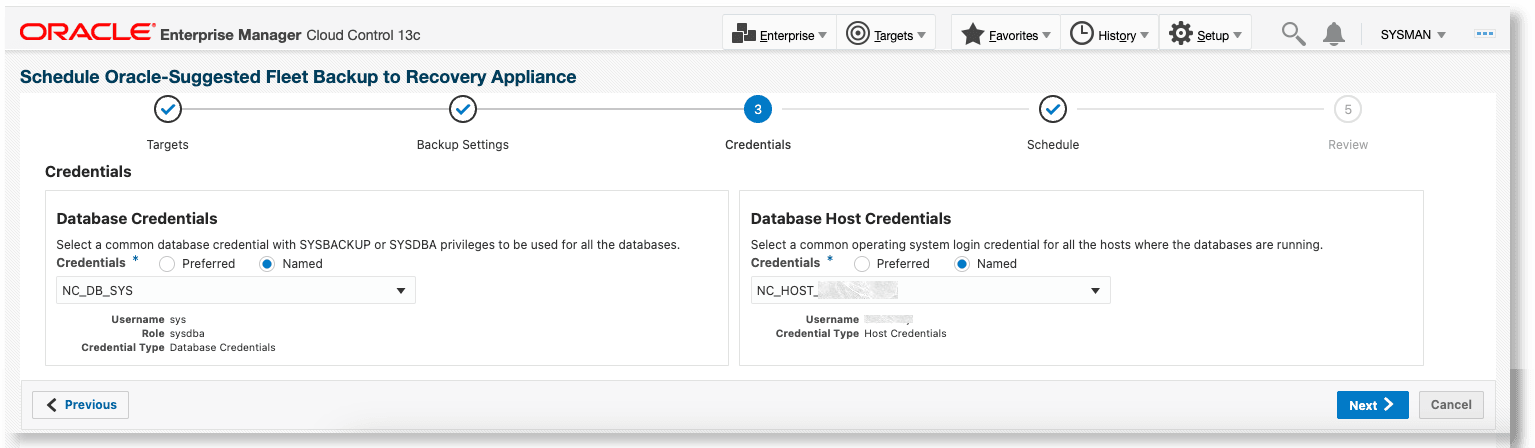 Schedule Backup for Individual Databases - credentials page