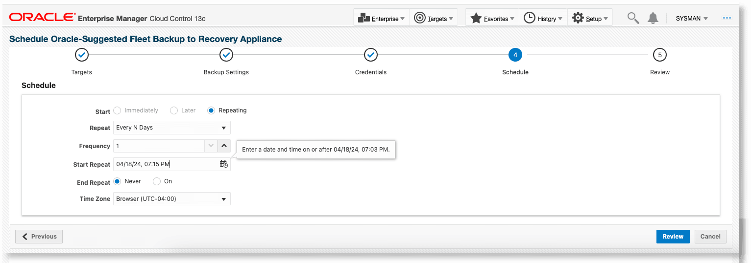 Schedule Backup for Individual Databases - schedule page