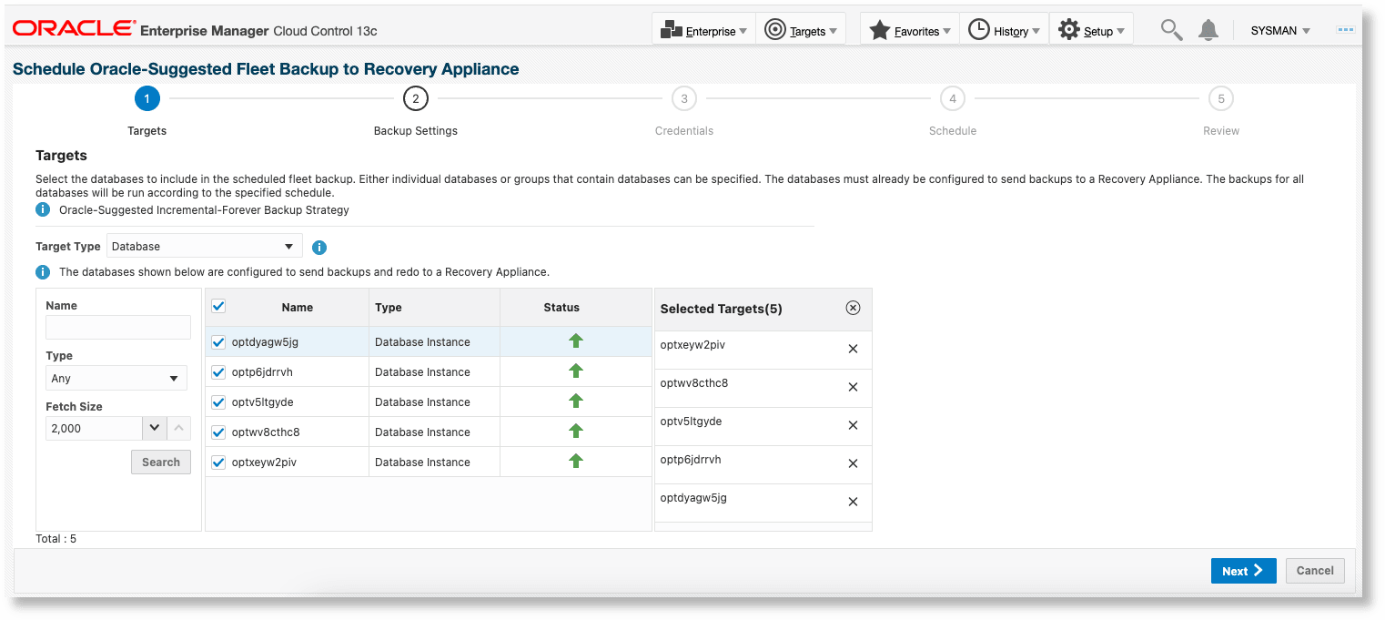 Schedule Backup for Individual Databases - Targets page