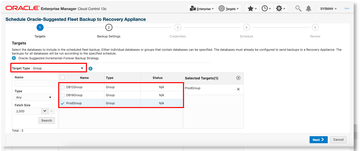 Schedule Backup for a Group of Databases - targets page Schedule Backup for a Group of Databases - targets page