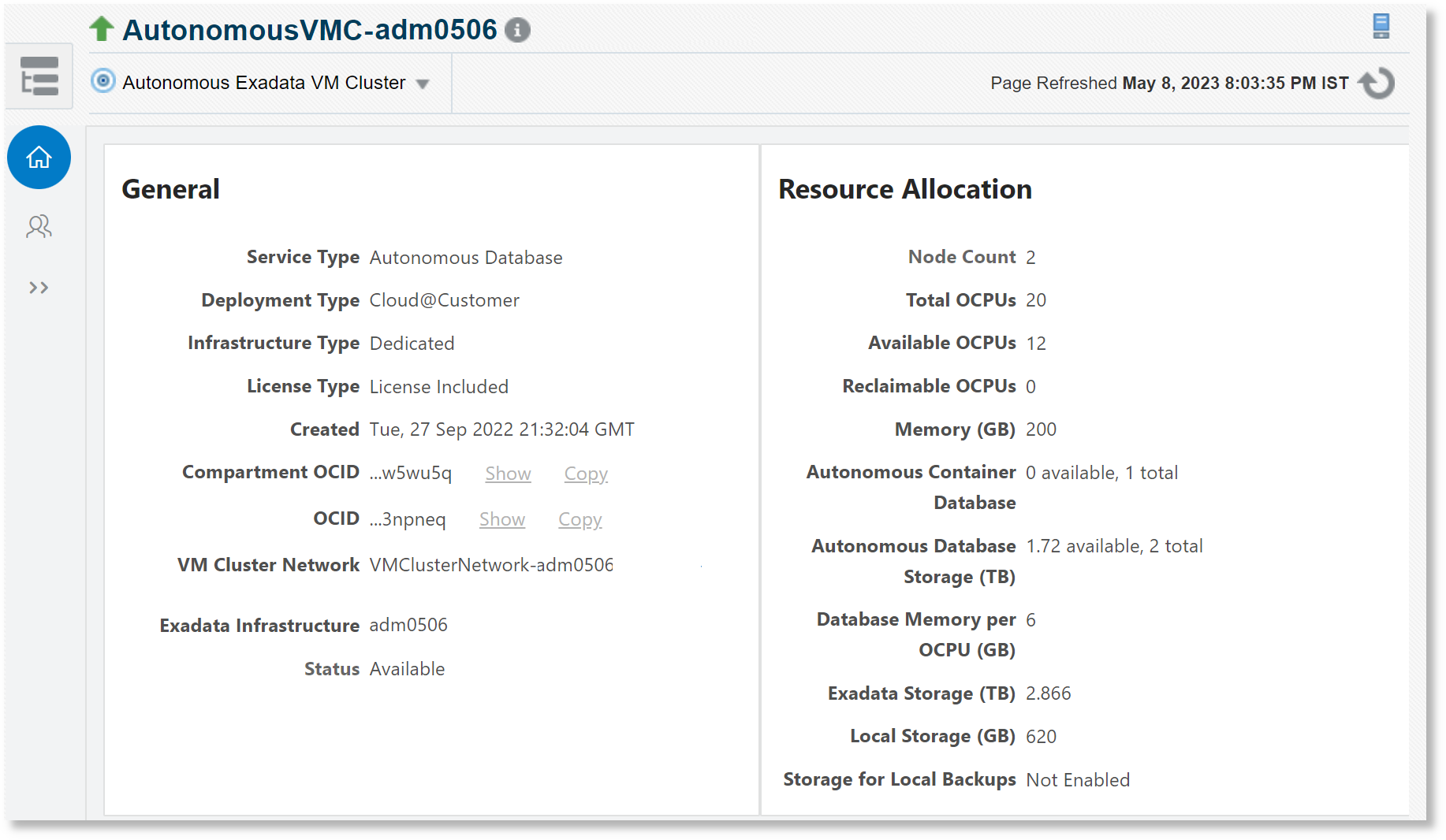 Oracle Autonomous Exadata VM Cluster Home Page