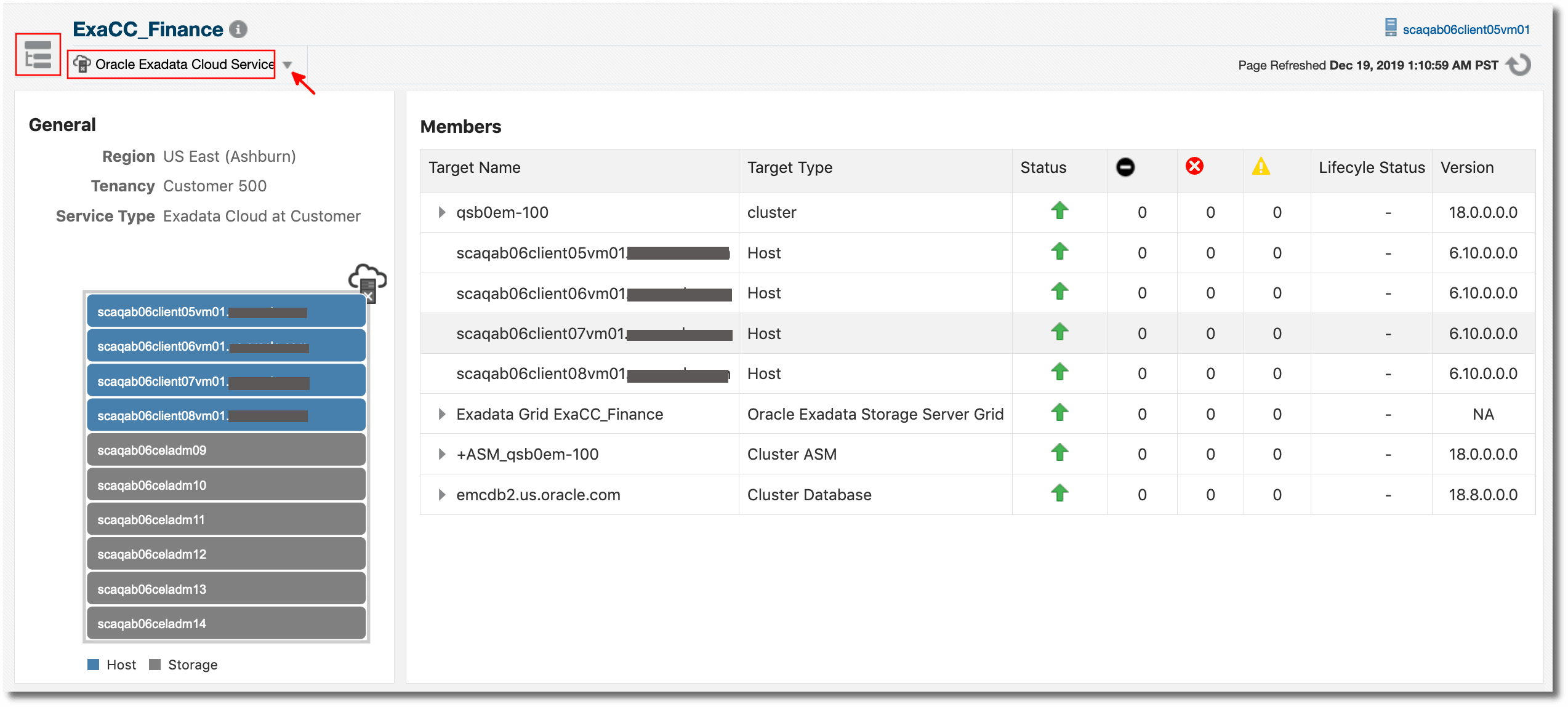 Exadata Cloud target home page Exadata Cloud target home page
