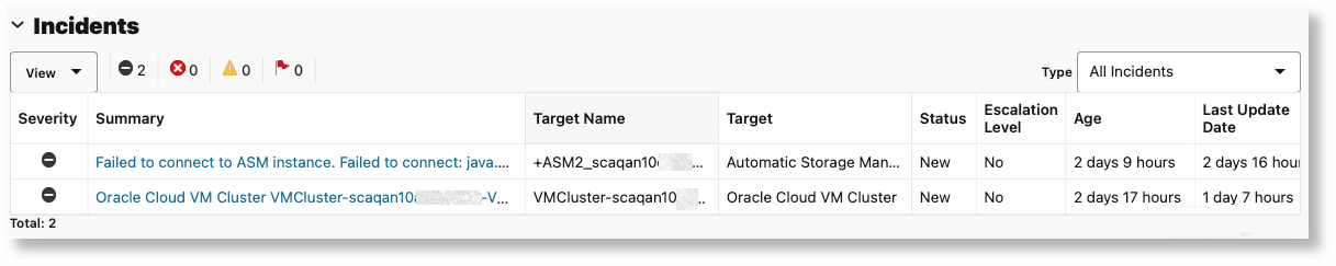 Incidents in Exadata Infrastructure target Incidents in Exadata Infrastructure target