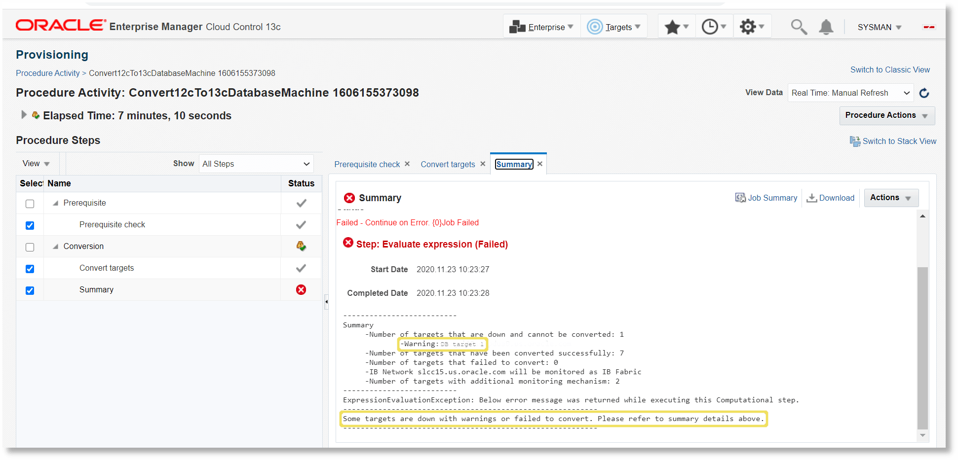 Conversion error during the conversion using EMCLI