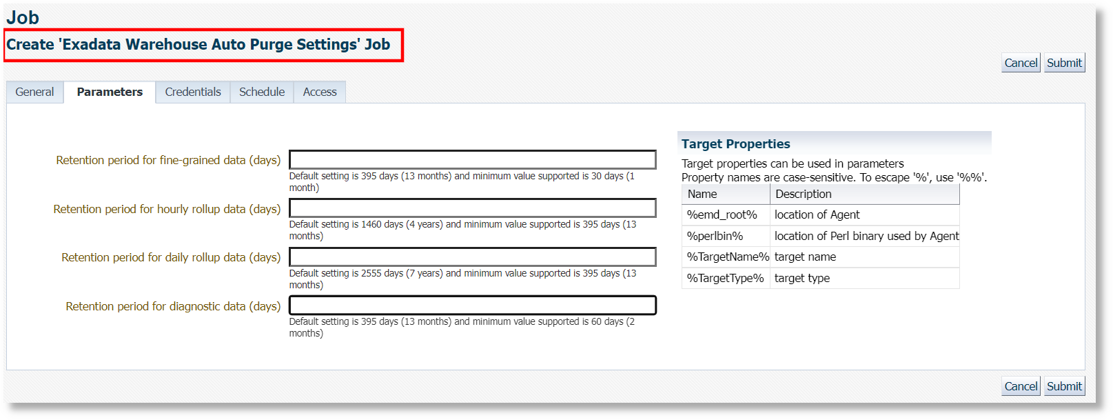 Shows new EM Job type and parameters