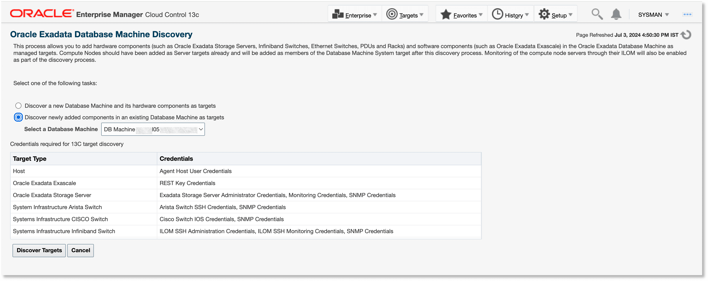 Discover newly added components in an existing Database Machine as targets