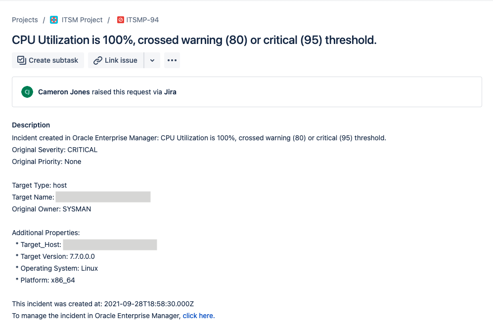 Image shows a ticket in the Jira console.