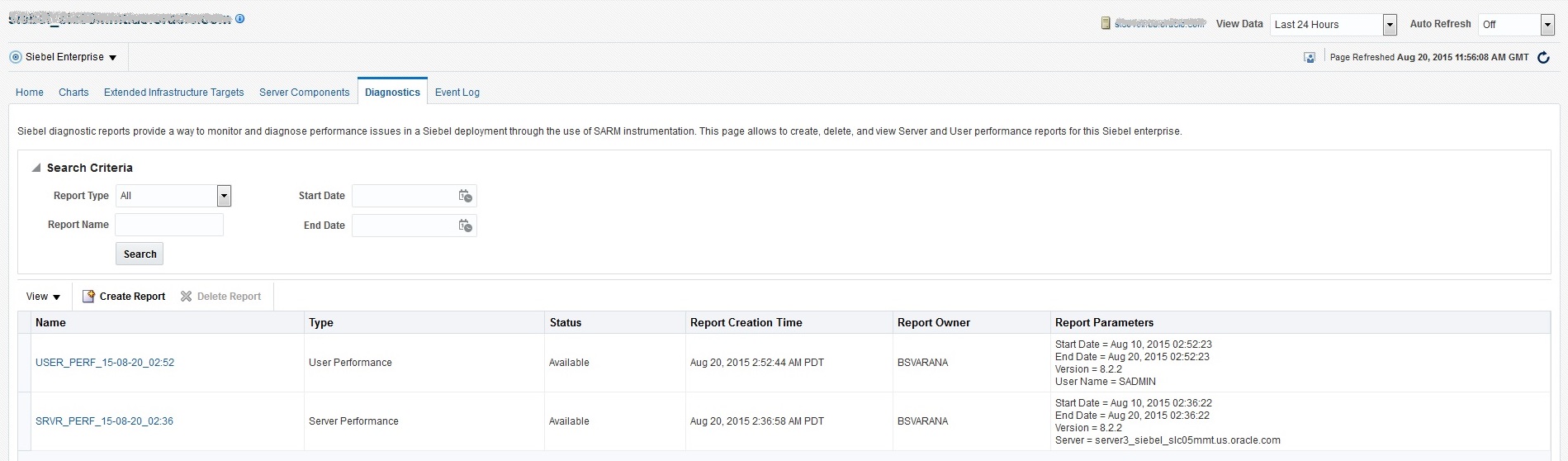 Diagnostics Reports Page