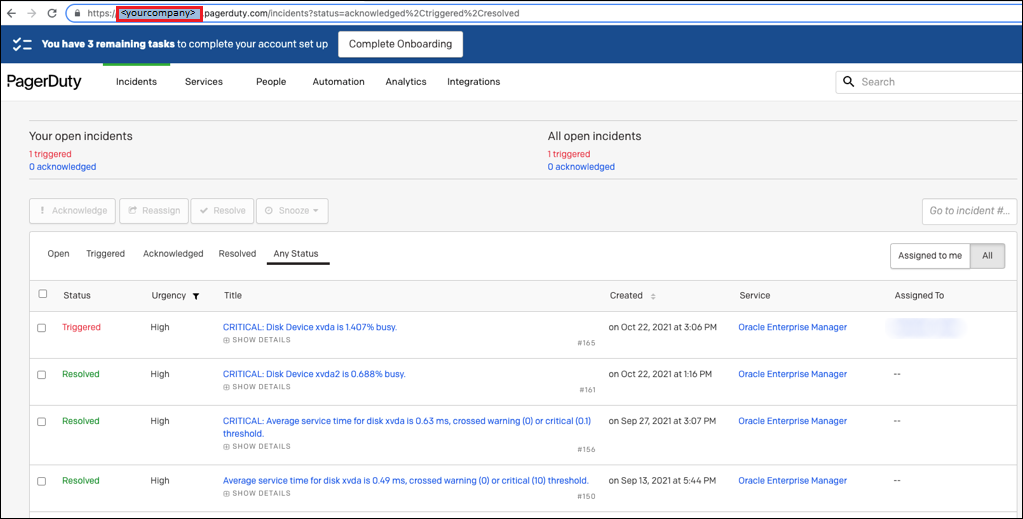 Graphic shows the subdomain selected in the PagerDuty URL.