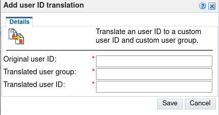Add user ID translation tab with original user ID, translated user group, and translated user ID fields