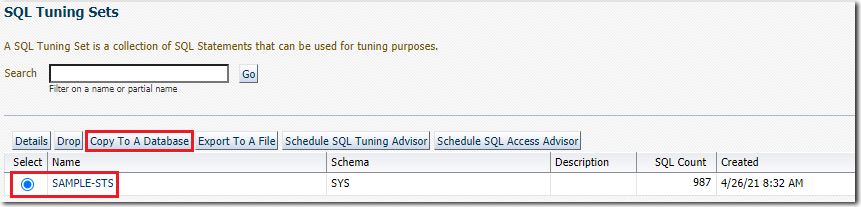 SQL Tuning Sets Page