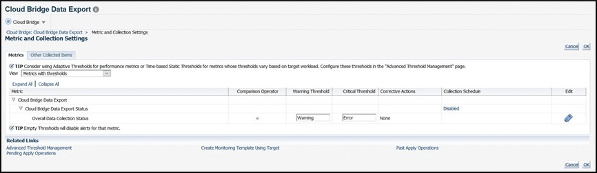 Image shows the Metric and Collection settings