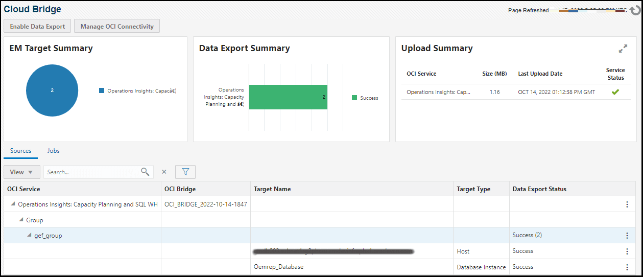 Graphic shows the Manage EM Data for OCI Services dashboard. Graphic shows the Manage EM Data for OCI Services dashboard.