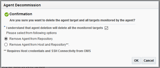 Agent Decommission confirmation window after checking check box