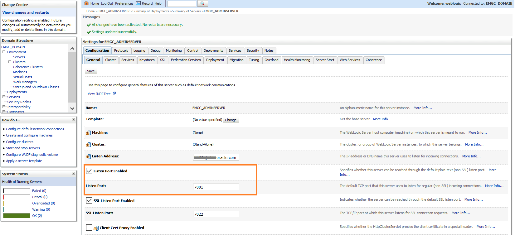 Setting http listen port on the Weblogic Server Administration Console