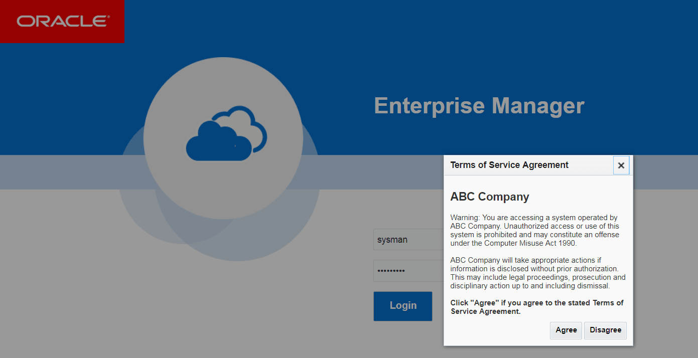 Enterprise Manager License Agreement Popup