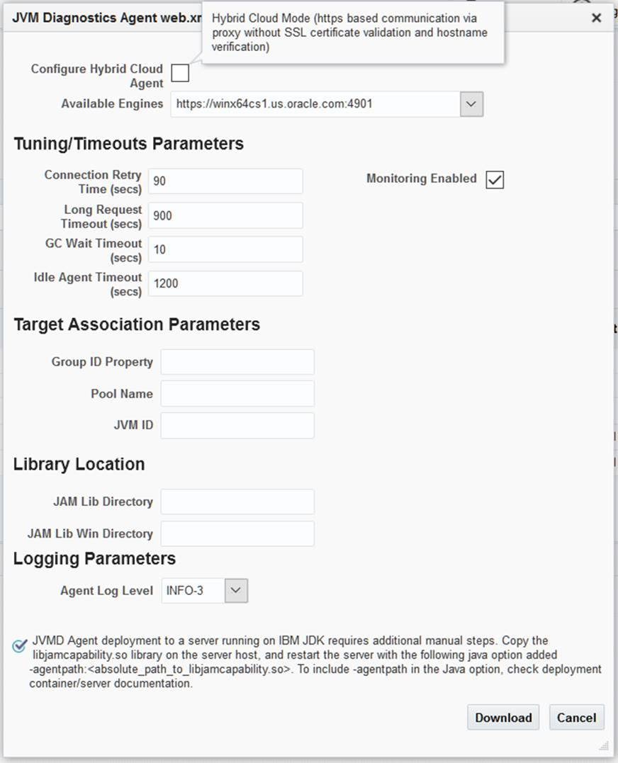JVM Diagnostics Agent web.xml Parameters dialog box