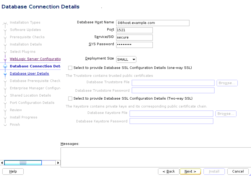 Database Connection Details Screen for Advanced Installation