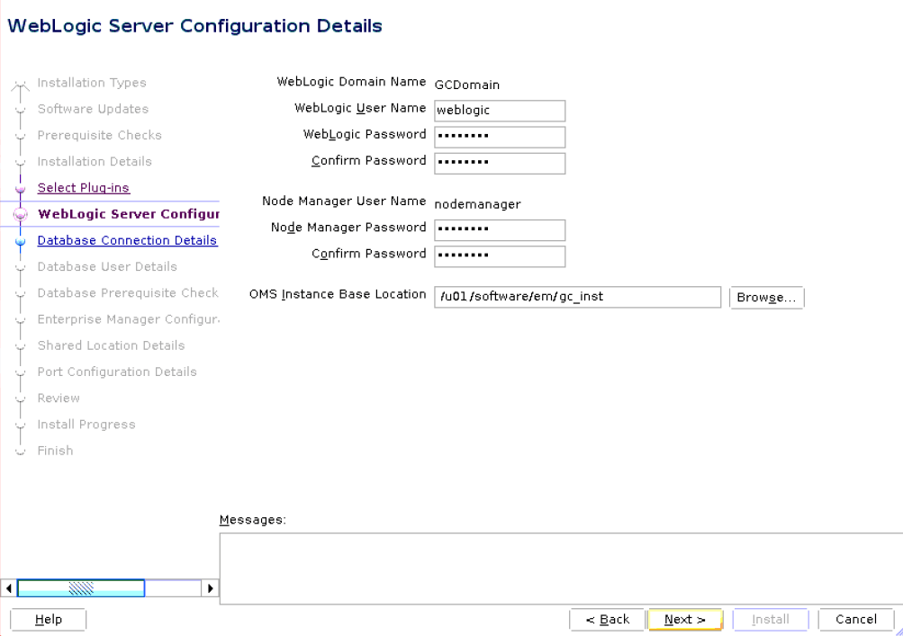 WebLogic Server Configuration Details Screen for Advanced Installation