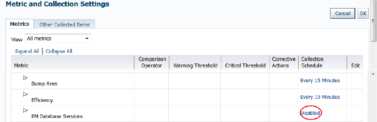 Click Disabled to enable collections for database services Click Disabled to enable collections for database services