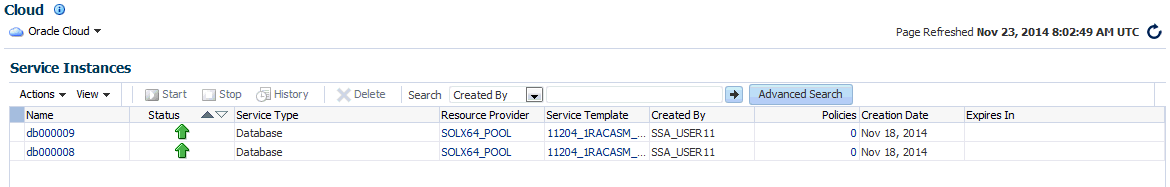 Service Instances Page Service Instances Page