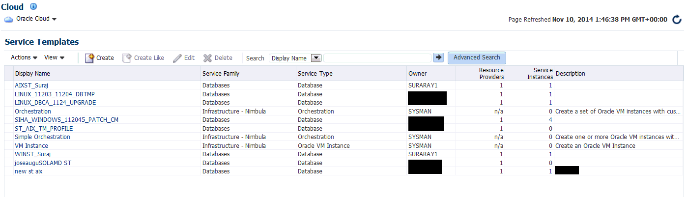 Service Templates Page Service Templates Page
