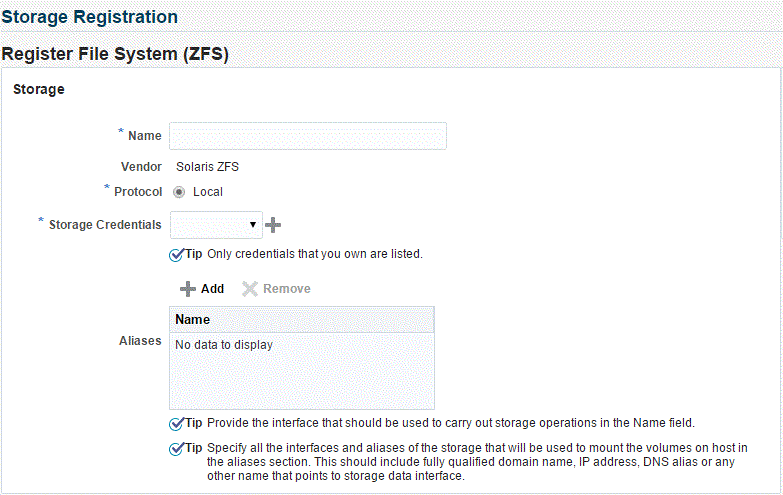 Storage Registration page for Solaris ZFS file system