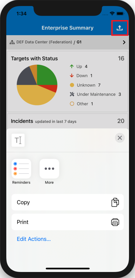 Graphic shows the Enterprise Summary page with the share icon highlighted. Graphic shows the Enterprise Summary page with the share icon highlighted.