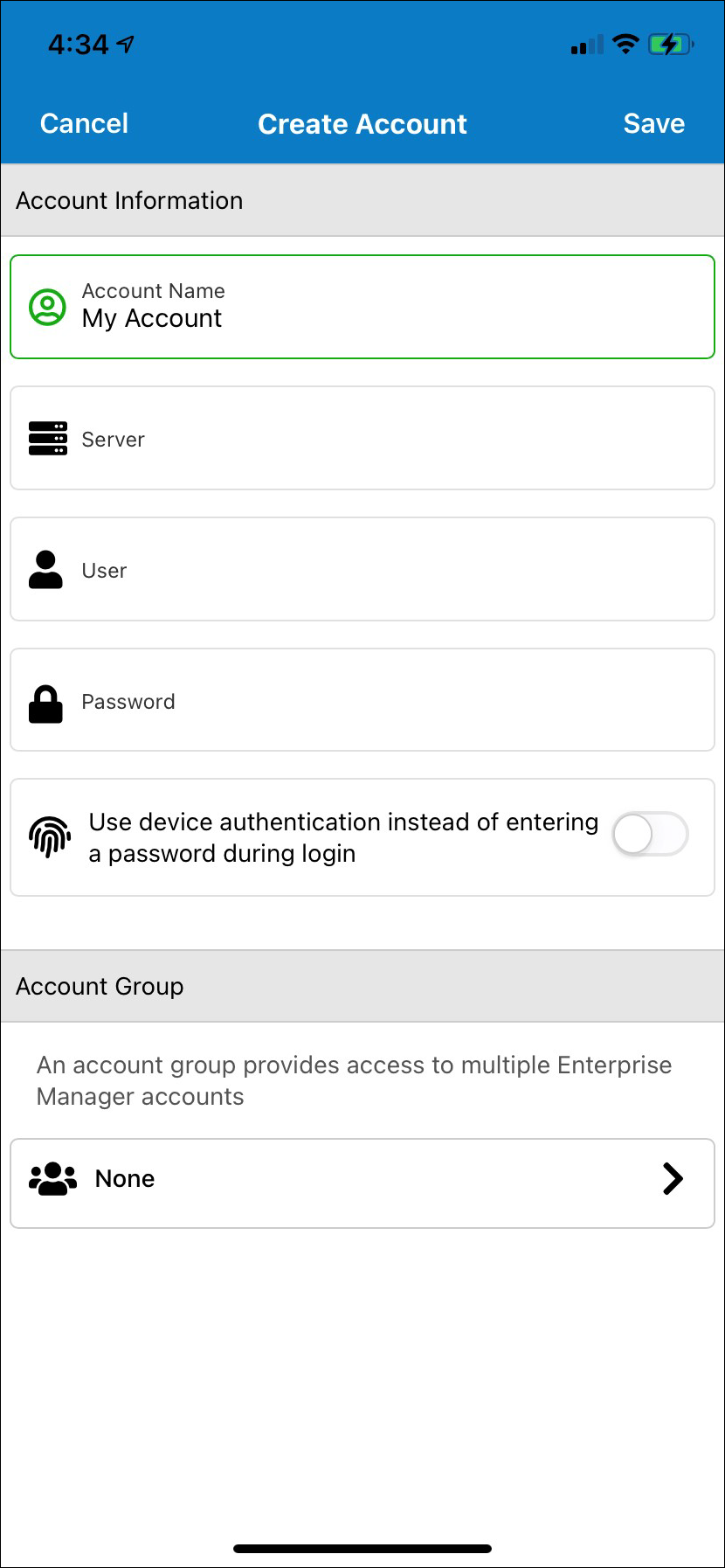Create Account screen