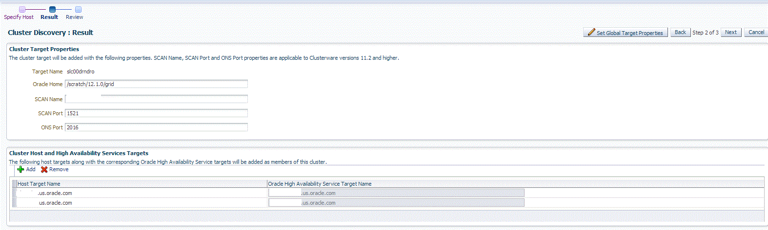 Cluster Discovery Results page