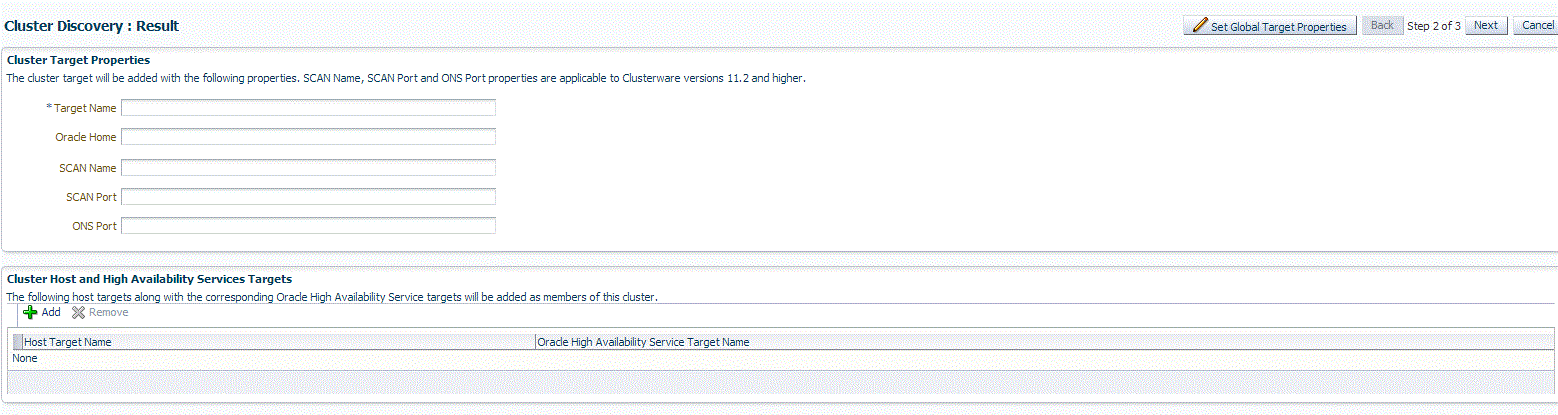 Cluster target properties page