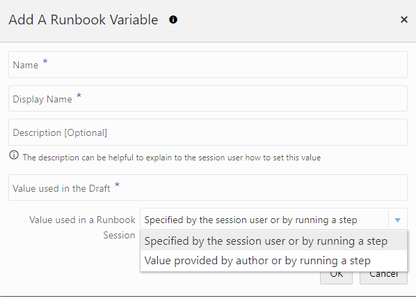 Graphic shows the Add a Runbook Variable dialog. Graphic shows the Add a Runbook Variable dialog.
