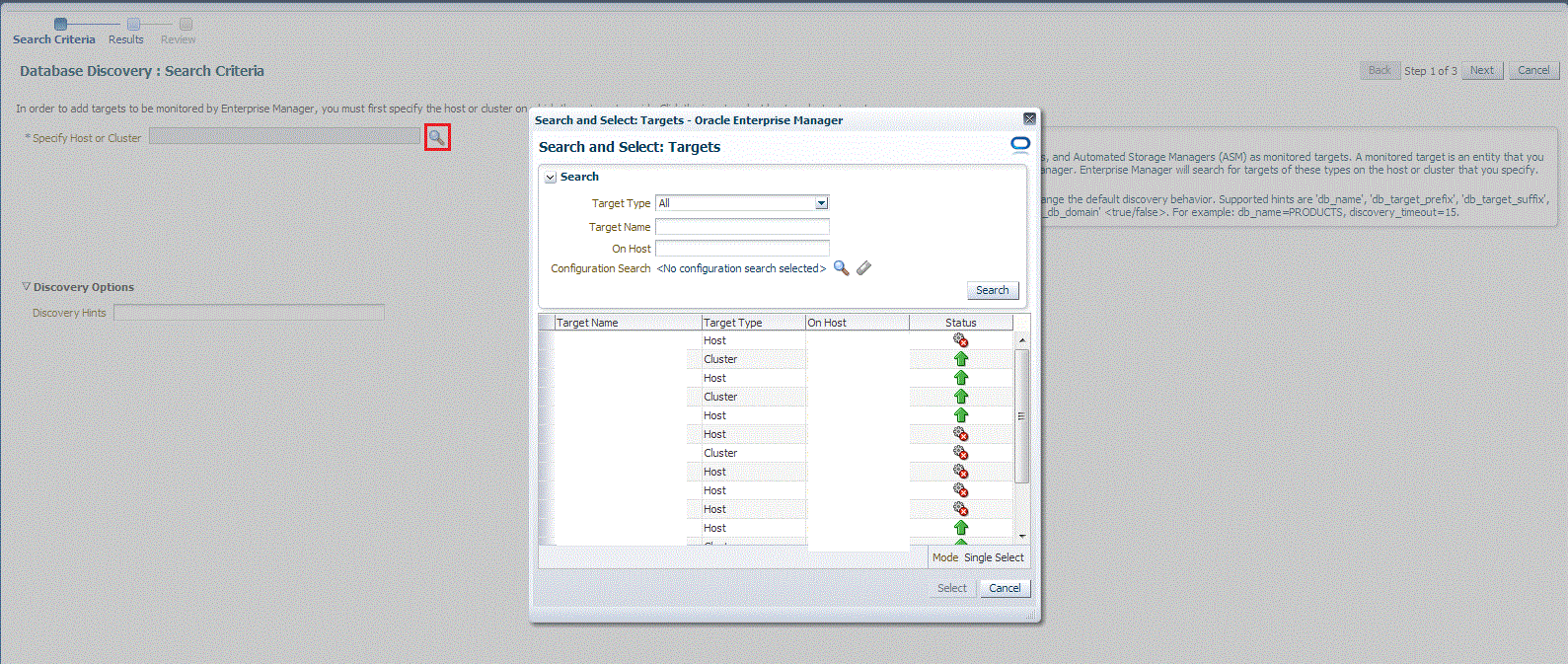 Database discovery search criteria page