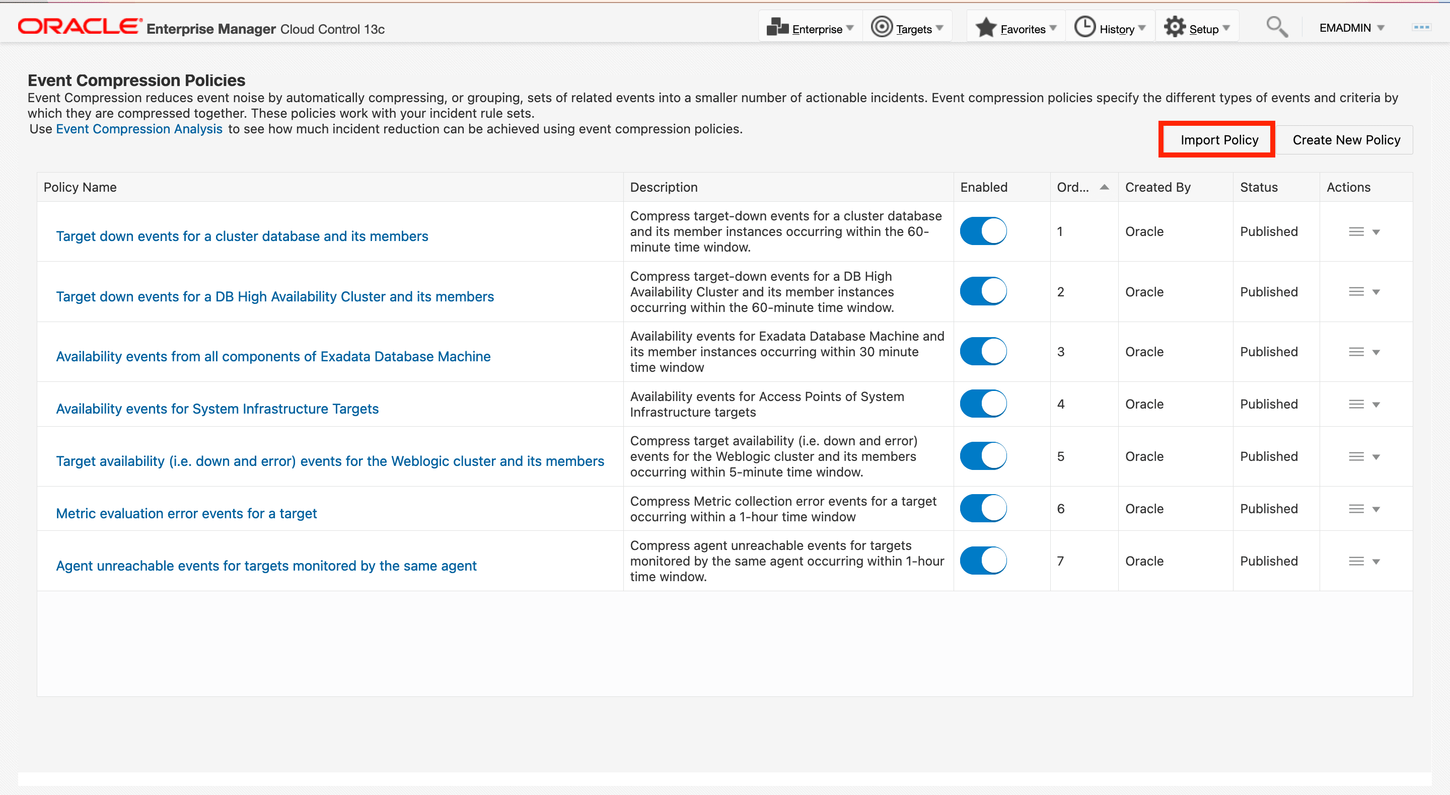 import policy button on the top right of the table