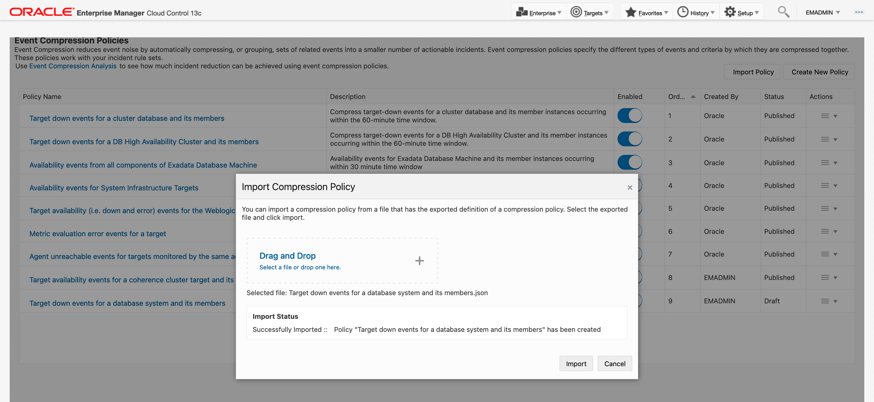 Import dialog box with import status
