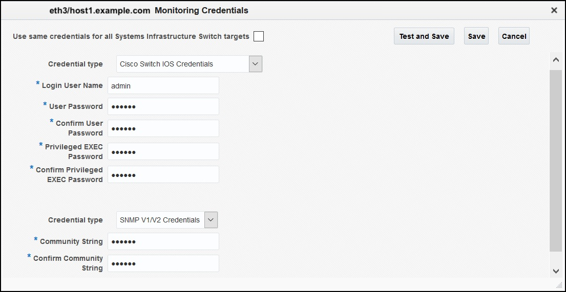 Private Cloud Appliance Discovery Wizard: Cisco Switch Credentials
