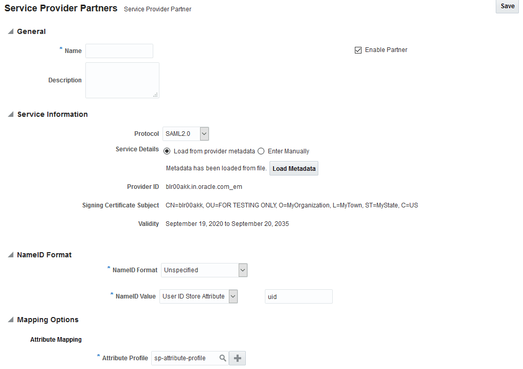 Image showing the Service Provider Partners metadata.