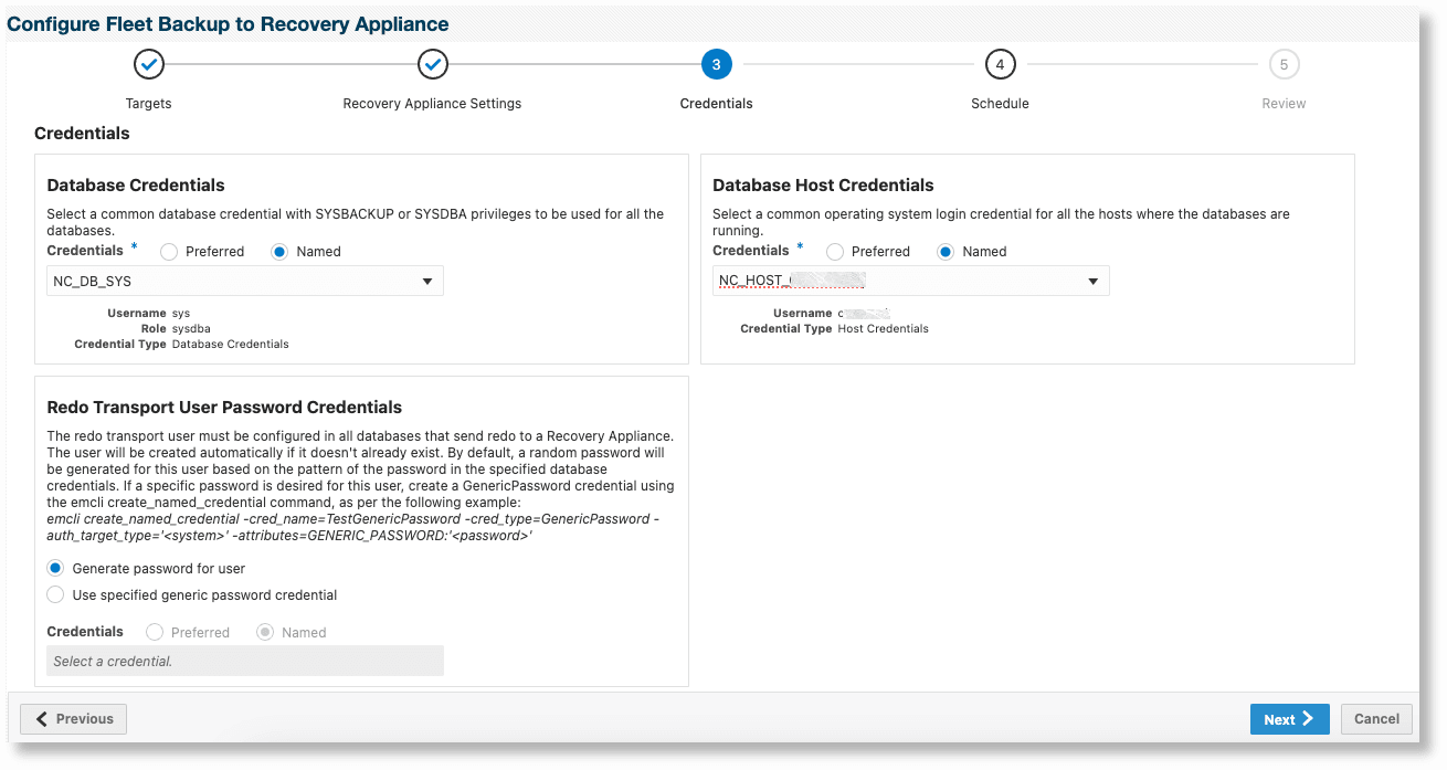 Configure Data Guard Databases to Backup to a Recovery Appliance - credentials page Configure Data Guard Databases to Backup to a Recovery Appliance - credentials page