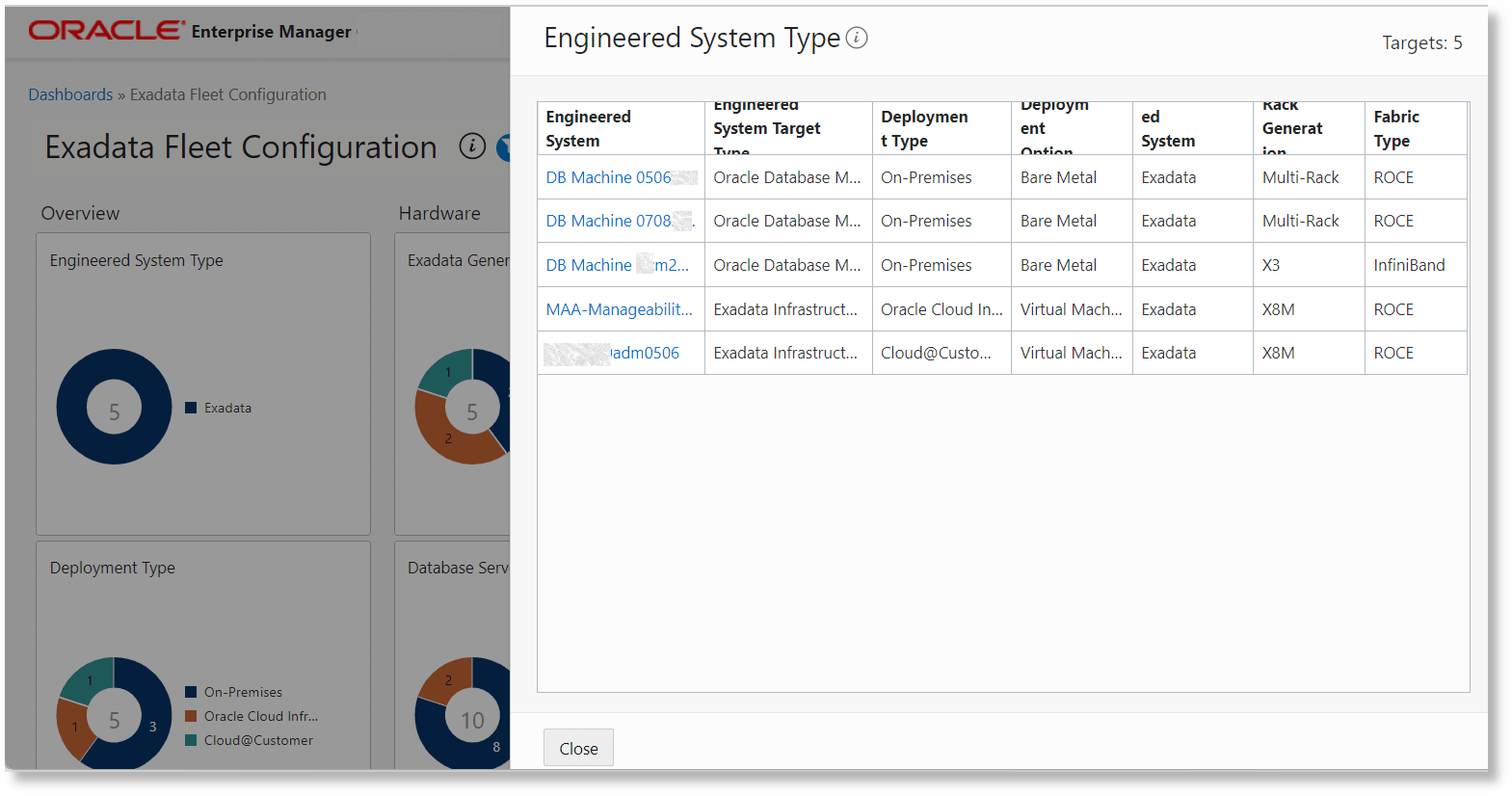 details displayed when the number at the center of the Engineered System Type ring chart is clicked details displayed when the number at the center of the Engineered System Type ring chart is clicked