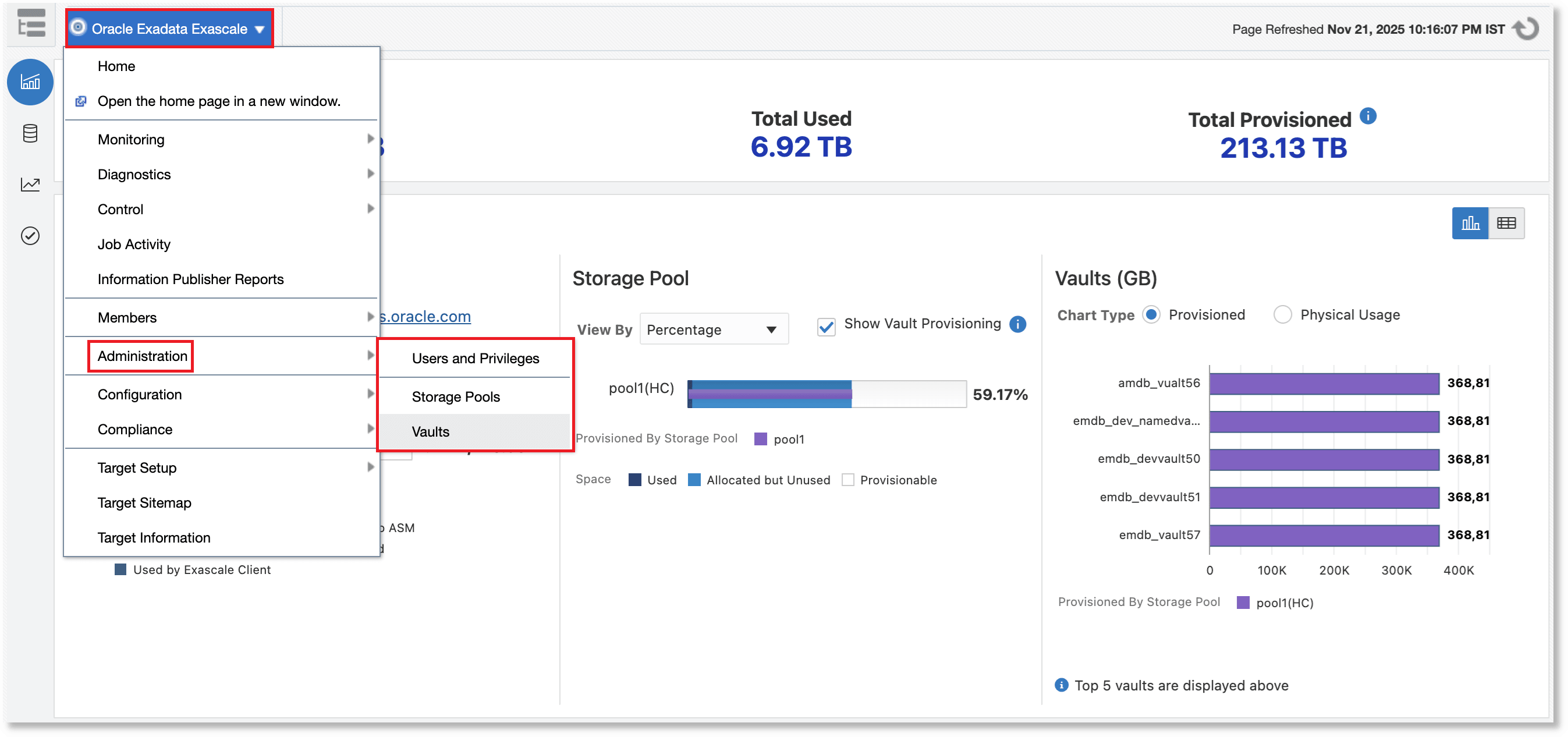 Administration menu on the Exascale home page Administration menu on the Exascale home page