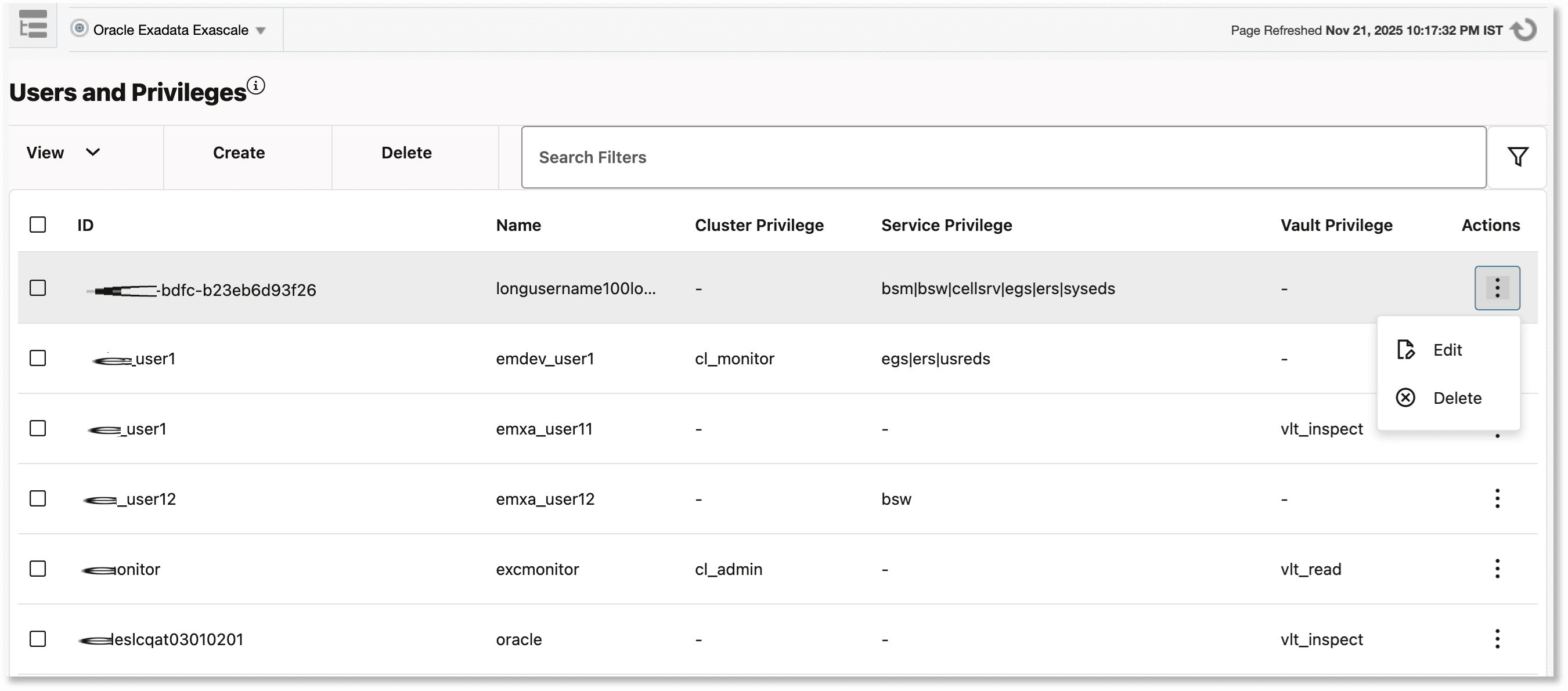 Users and Privileges page