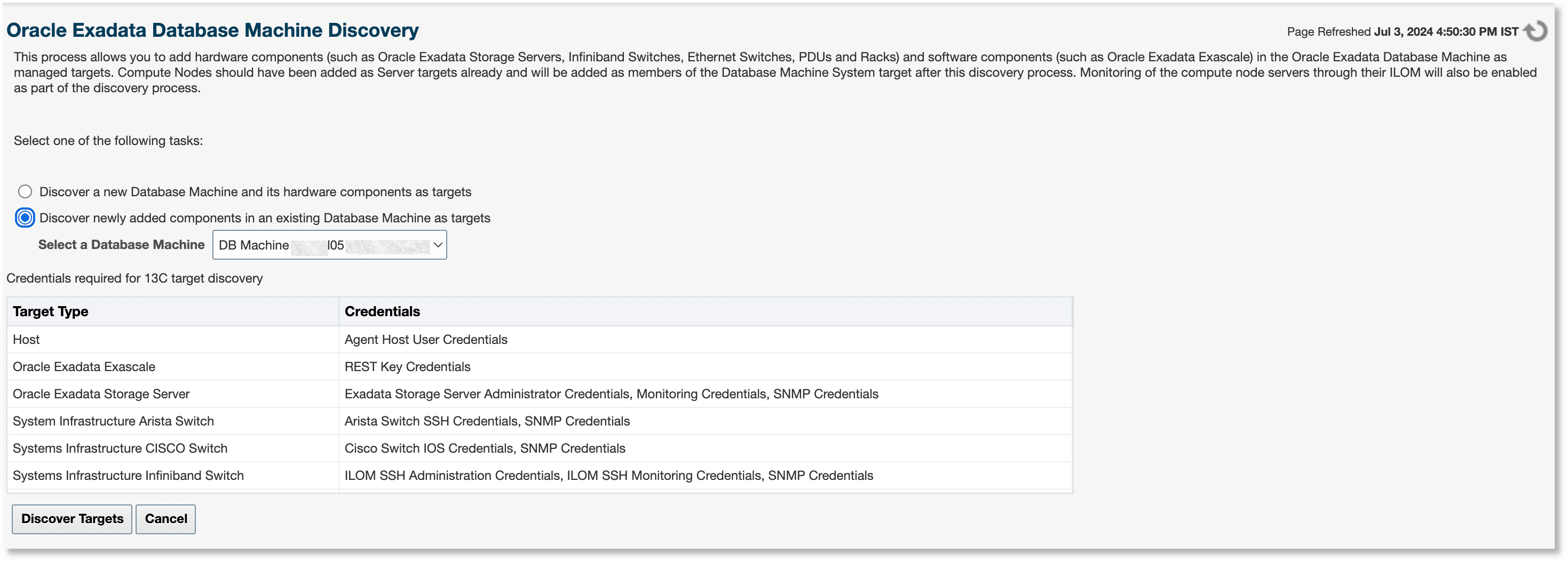 Discover newly added components in an existing Database Machine as targets Discover newly added components in an existing Database Machine as targets