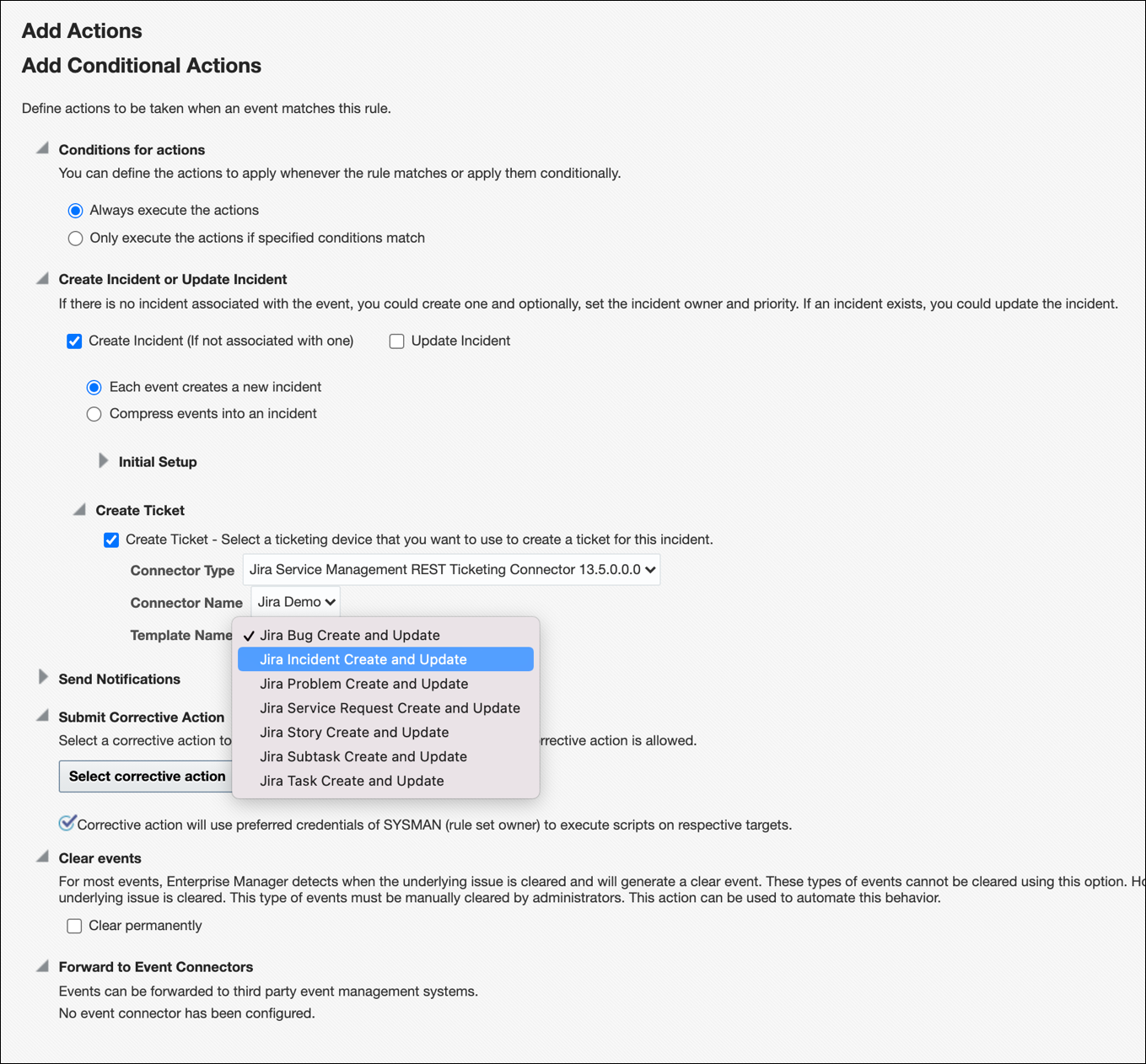Image shows the Add Actions page for an event rule.