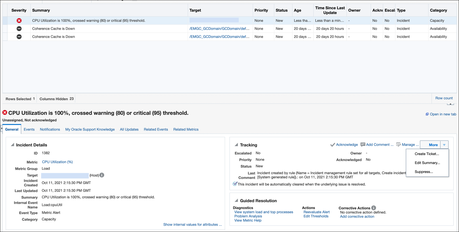 Image shows the tracking section of Incident Manager