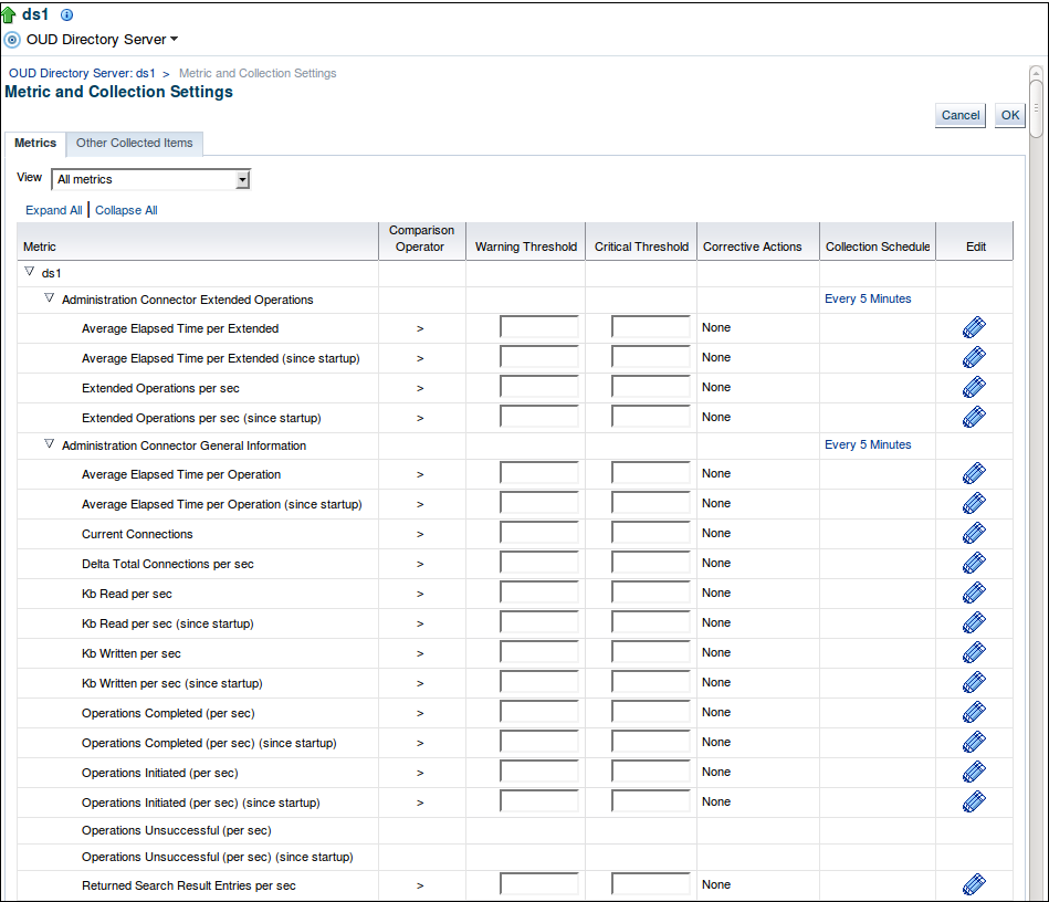 The Metric and Collections Settings Page for a Directory Server Target Instance The Metric and Collections Settings Page for a Directory Server Target Instance