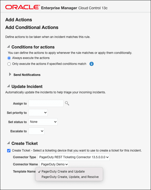 Image shows the Add Actions page for an incident rule.