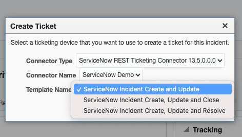 Drop down menu in create ticket pop-up window.