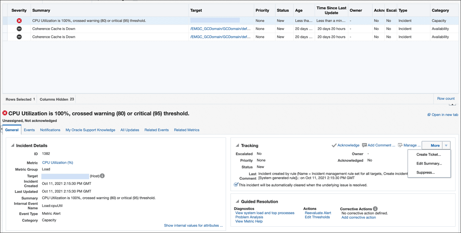 Create ticket button in tracking section of incident manager.