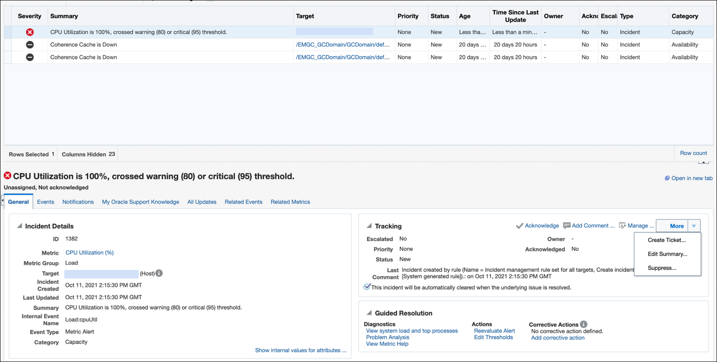 Create ticket button in tracking section of incident manager.